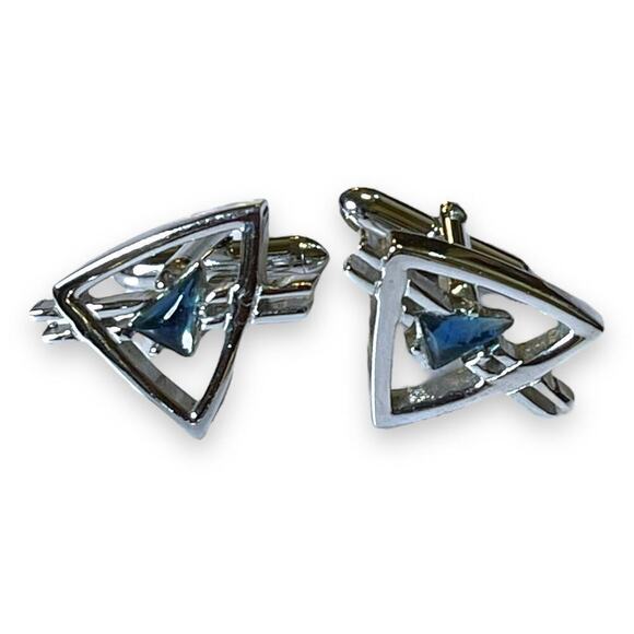 VTG Swank Cufflinks and Tie Bar Silver Tone Blue Glass Art Deco MCM Set Signed - Picture 3 of 8